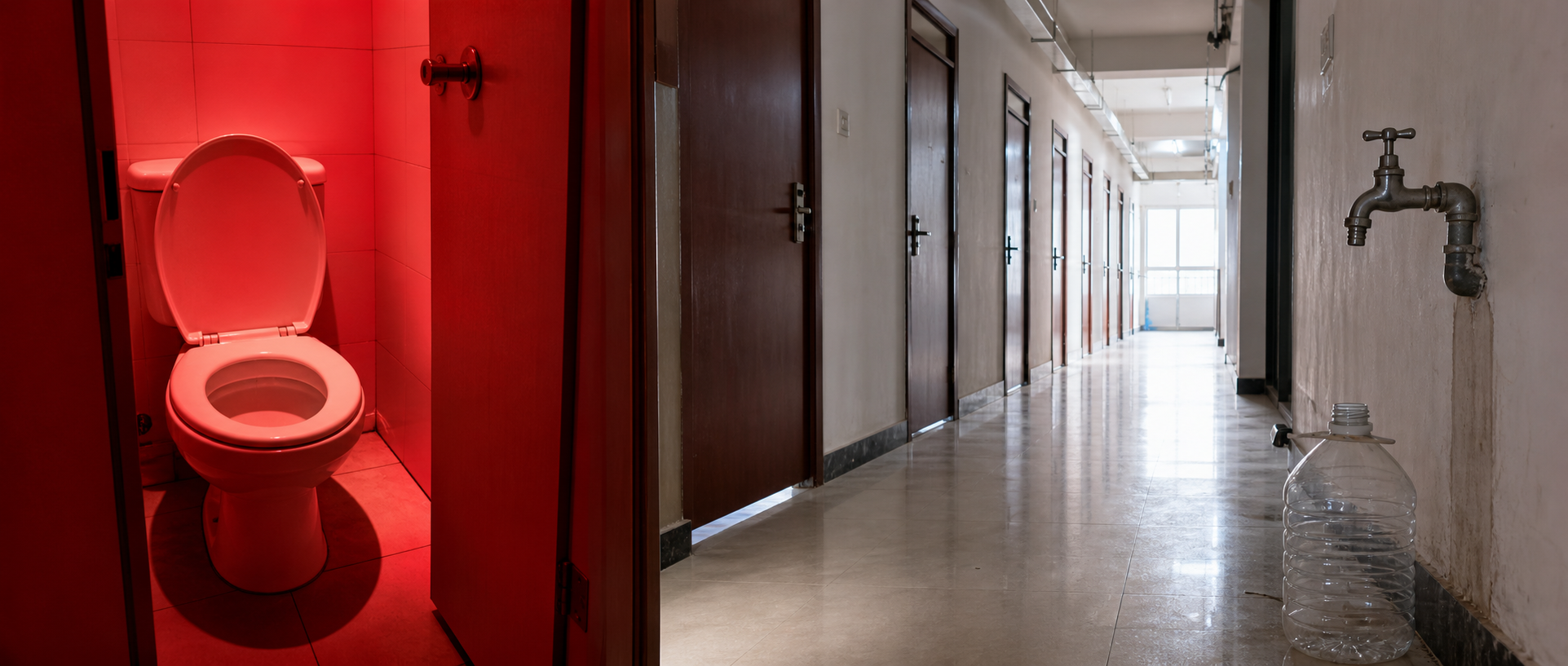 Empty university dorm corridor with a dry water tap