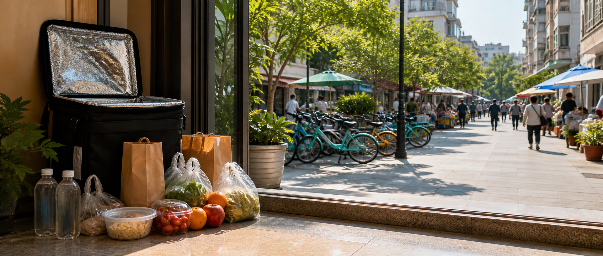 Delivery bags and groceries beside a bright city street