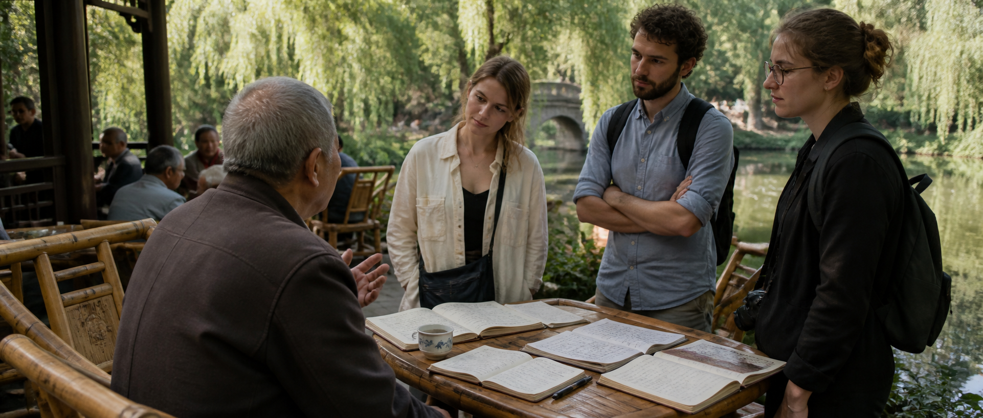An anonymous older local guide with open notebooks speaking to travelers beside a green Chengdu park lake