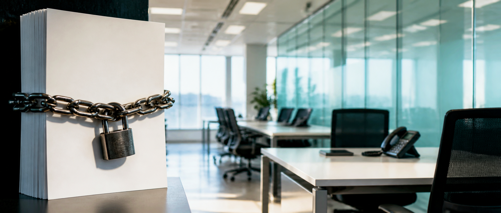 A blank bureaucratic work file chained beside empty hiring desks