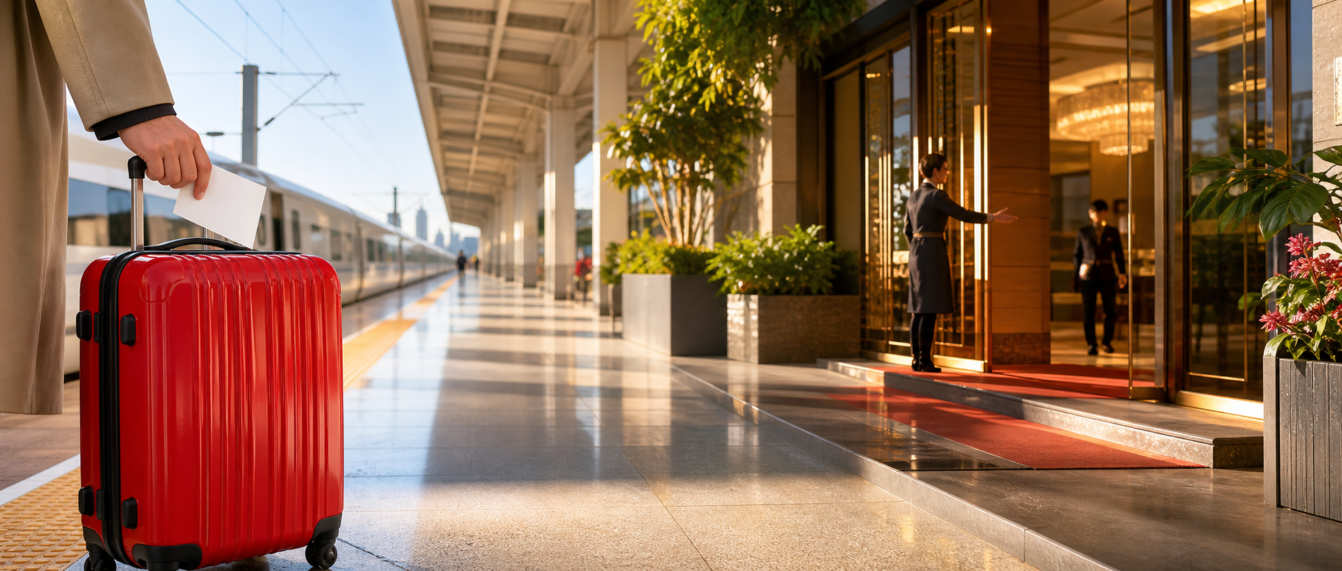A stranded traveler finds a bright railway platform and welcoming hotel doorway