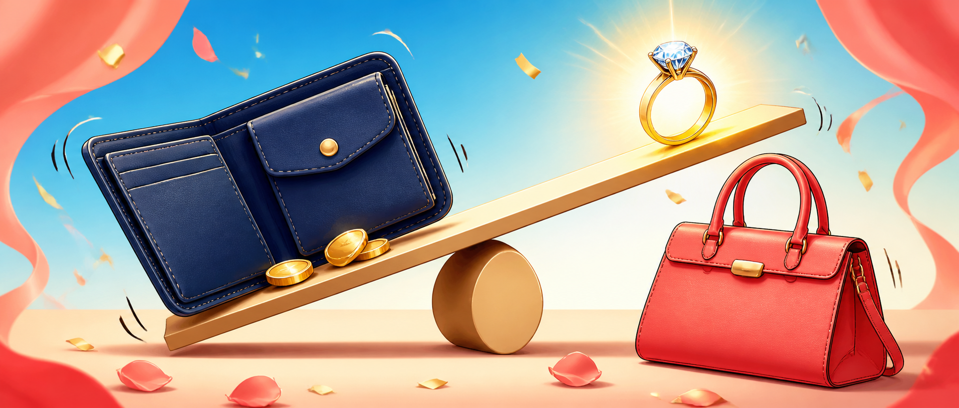 A wedding ring and wallet wobble on a bright balance beam