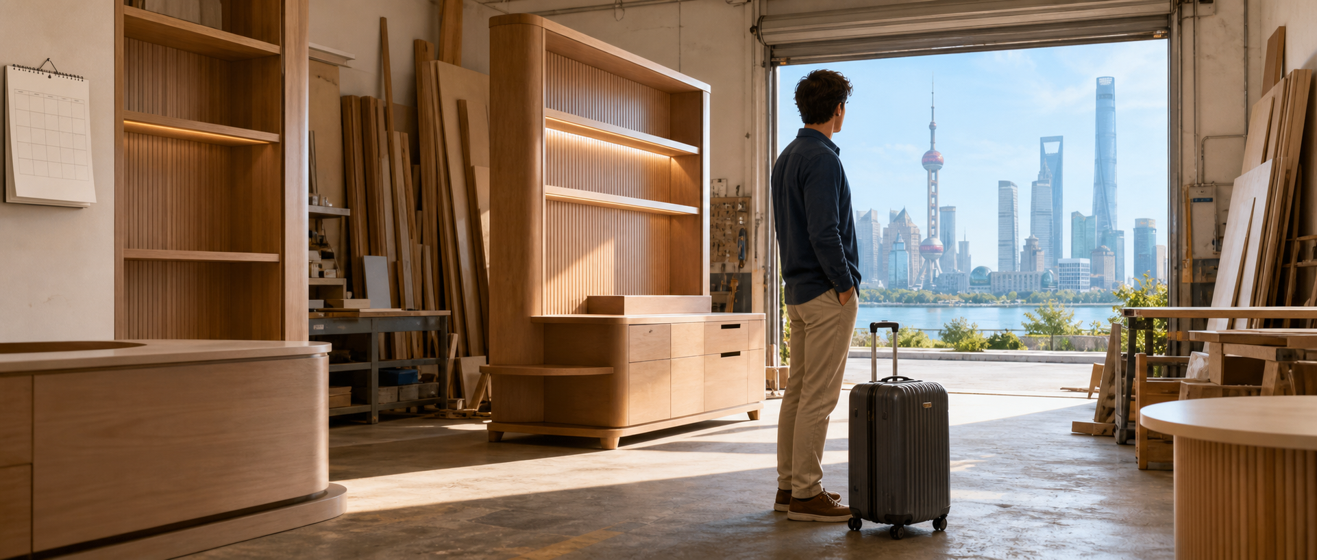 A long-stay foreign professional in a bright commercial furniture workshop with a packed suitcase and Shanghai city light beyond the open loading bay