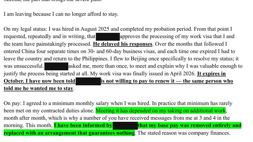 Excerpt from the supplied Coach Chris letter; repeated personal identifiers masked