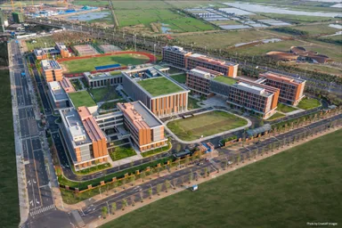 Aerial view of a Harrow International School and Innovation Leadership Academy campus