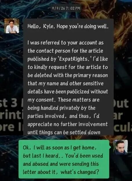 The first removal request and ExpatRights’ initial reply. Screenshot excerpt; wording unchanged.