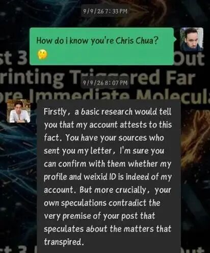 The identity challenge and the first paragraph of the reply. The account suggested confirmation through the original sources.